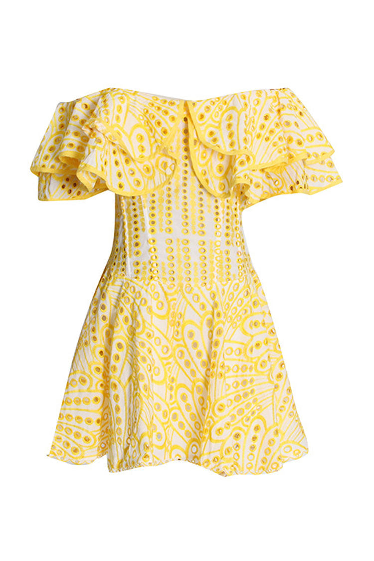 Yellow Off-Shoulder Broderie Anglaise Eyelet Ruffle Fit Flare Mini Dress