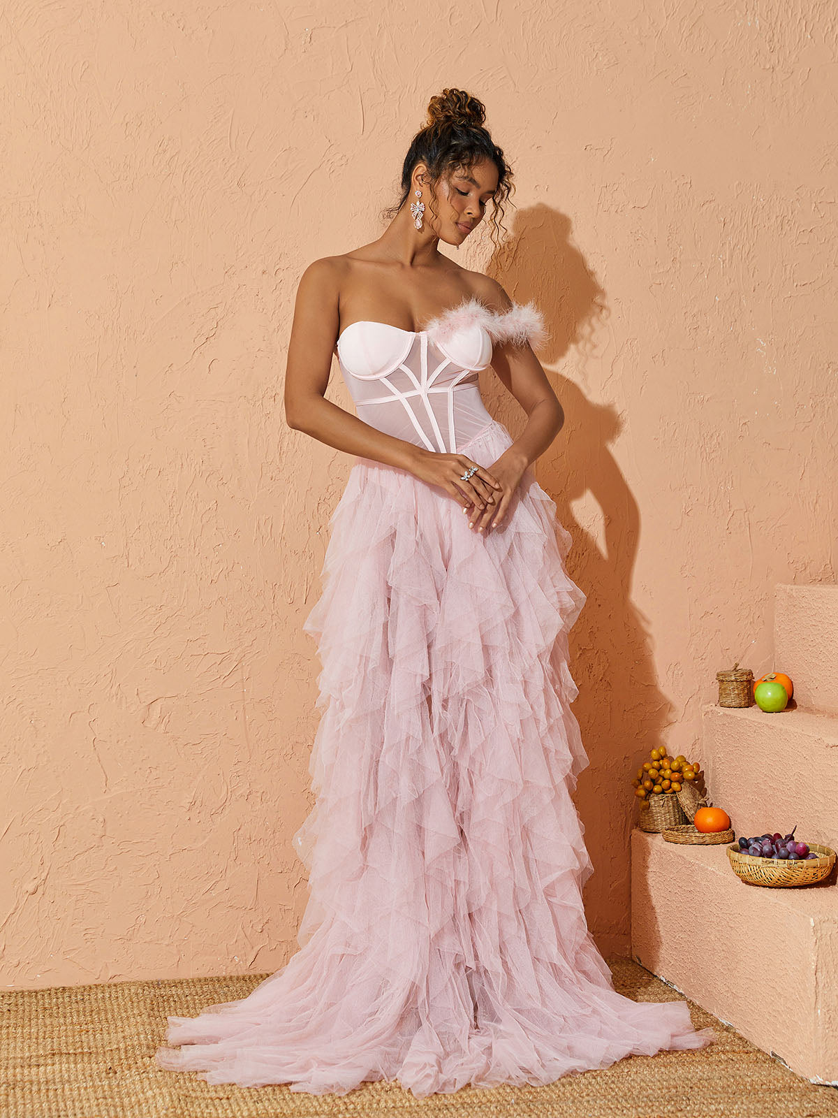 One Shoulder Feather Strap Corset Tiered Ruffle Tulle Maxi Dress