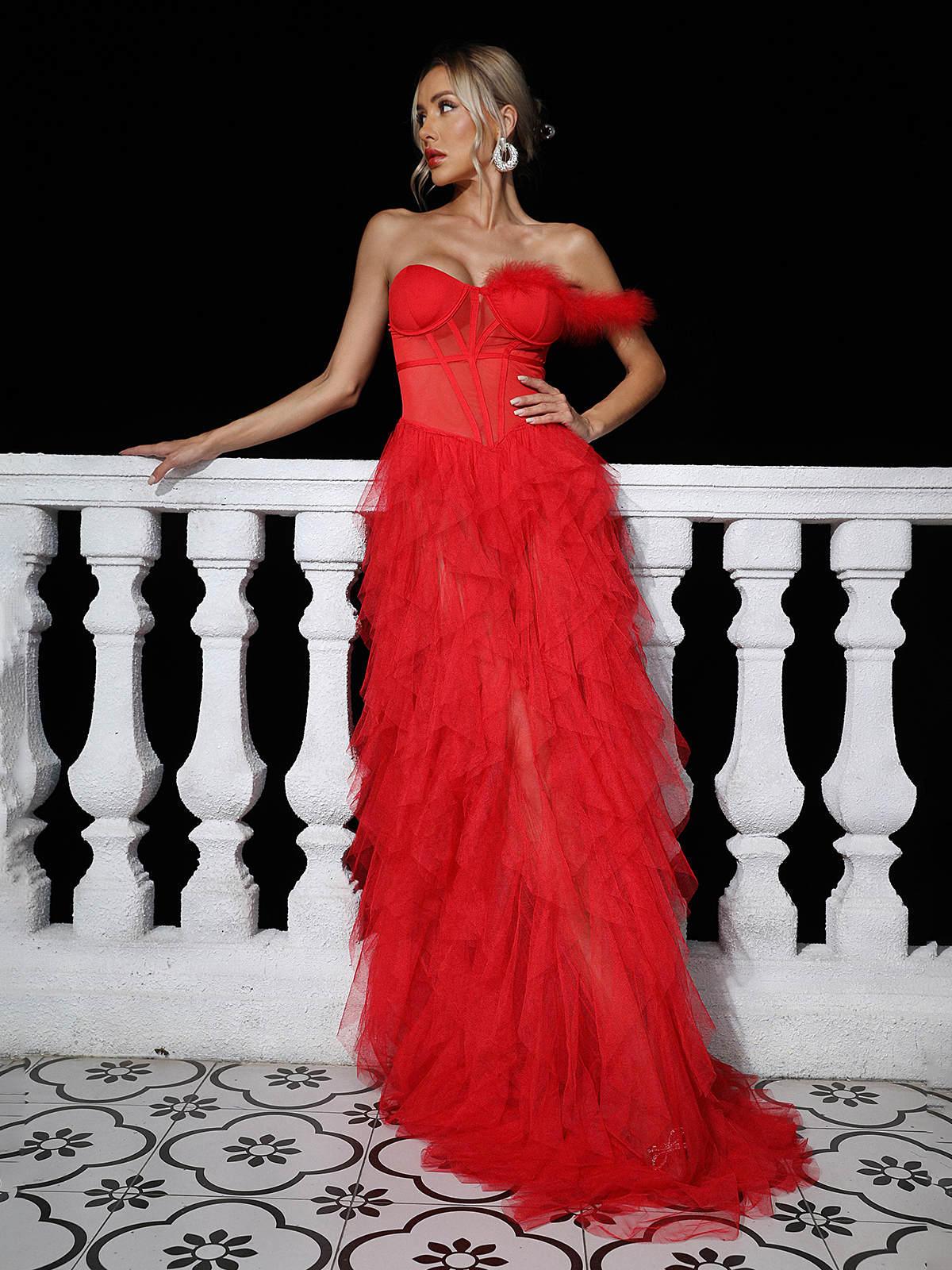 Strapless Feather Trim Corset Ruffle Tulle Maxi Gown