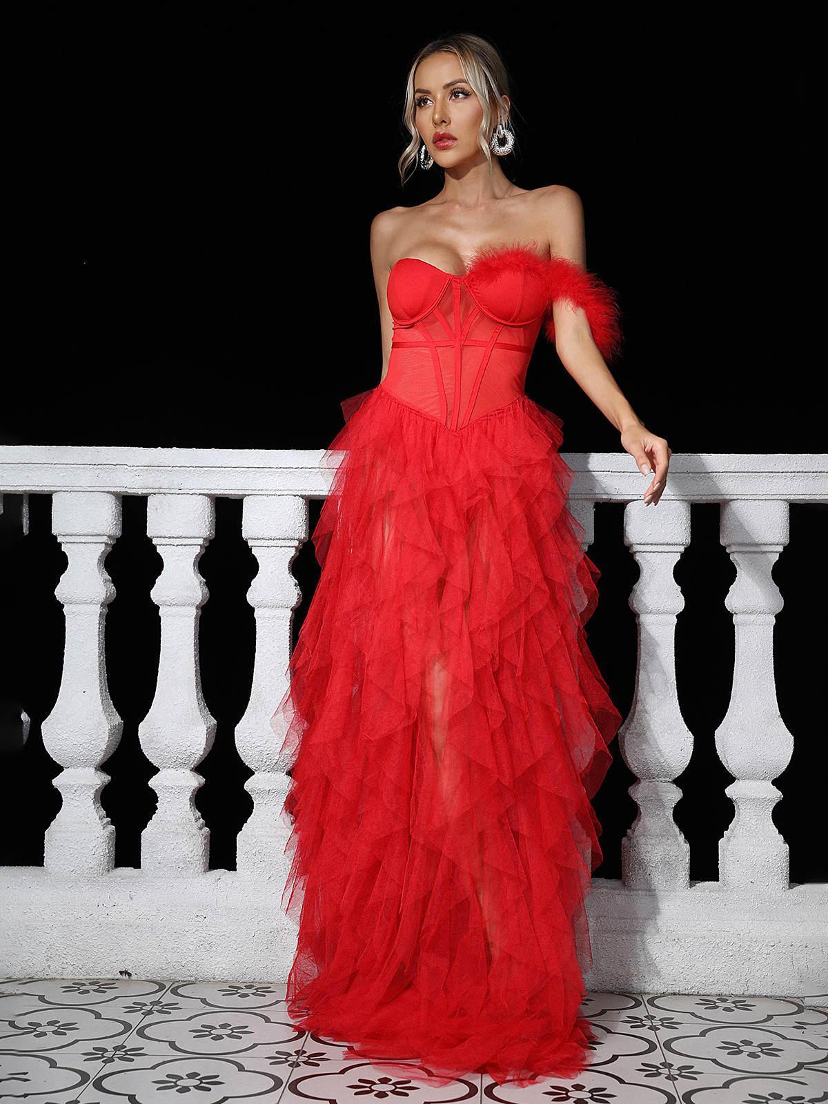 One Shoulder Tulle Maxi Dress In Red