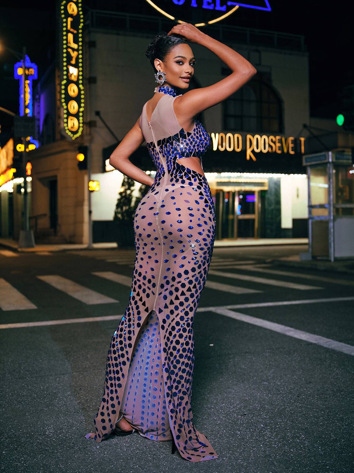 High Neck Rhinestone Acrylic Maxi Dress