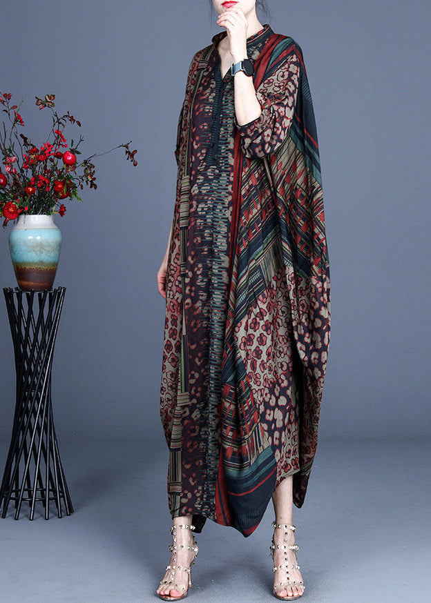 Red V Neck Print Silk Long Dress Batwing Sleeve