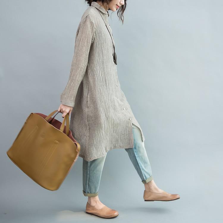 Gray pleated linen dresses oversize long sleeve linen blouses shift dress