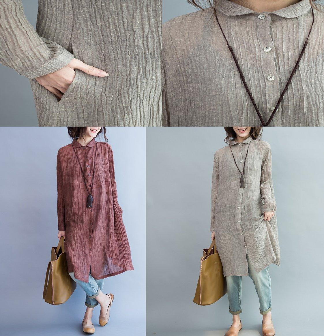 Gray pleated linen dresses oversize long sleeve linen blouses shift dress
