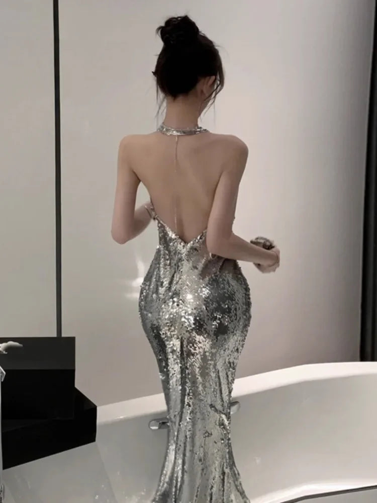 Halter Backless Pile Collar Mermaid Party Dress