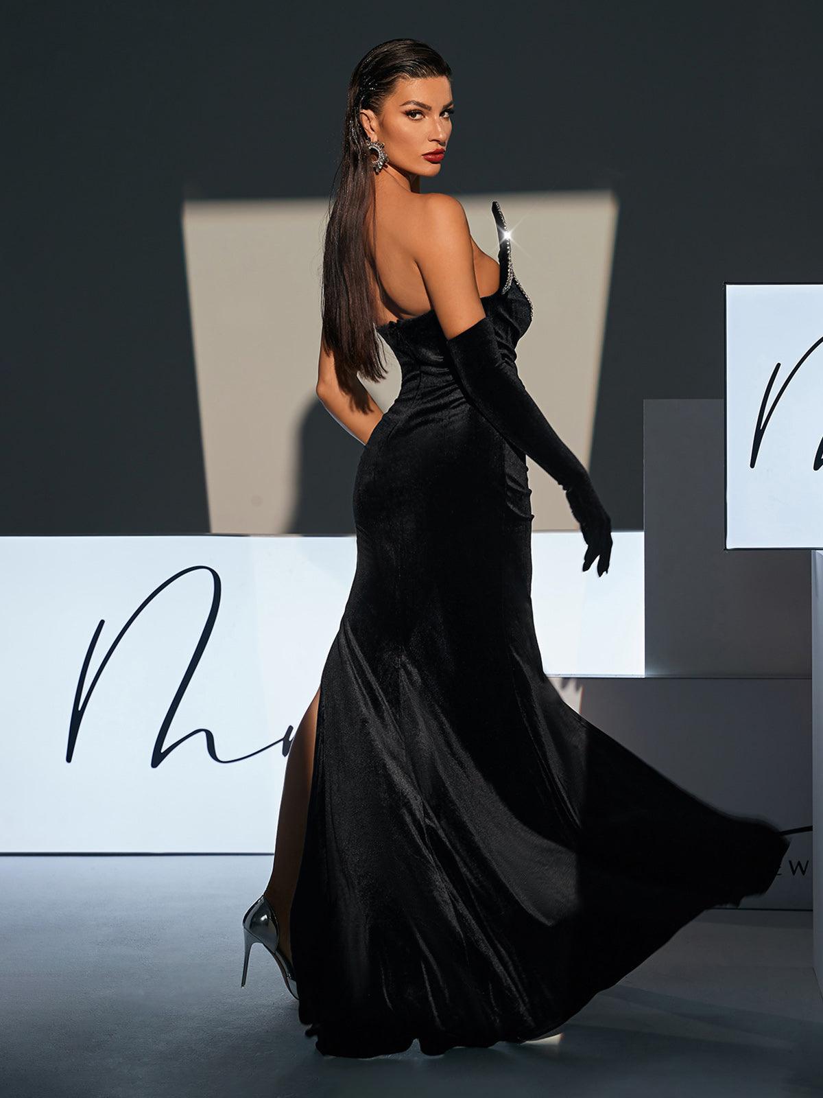 Strapless Wave Crystal Velvet Maxi Dress