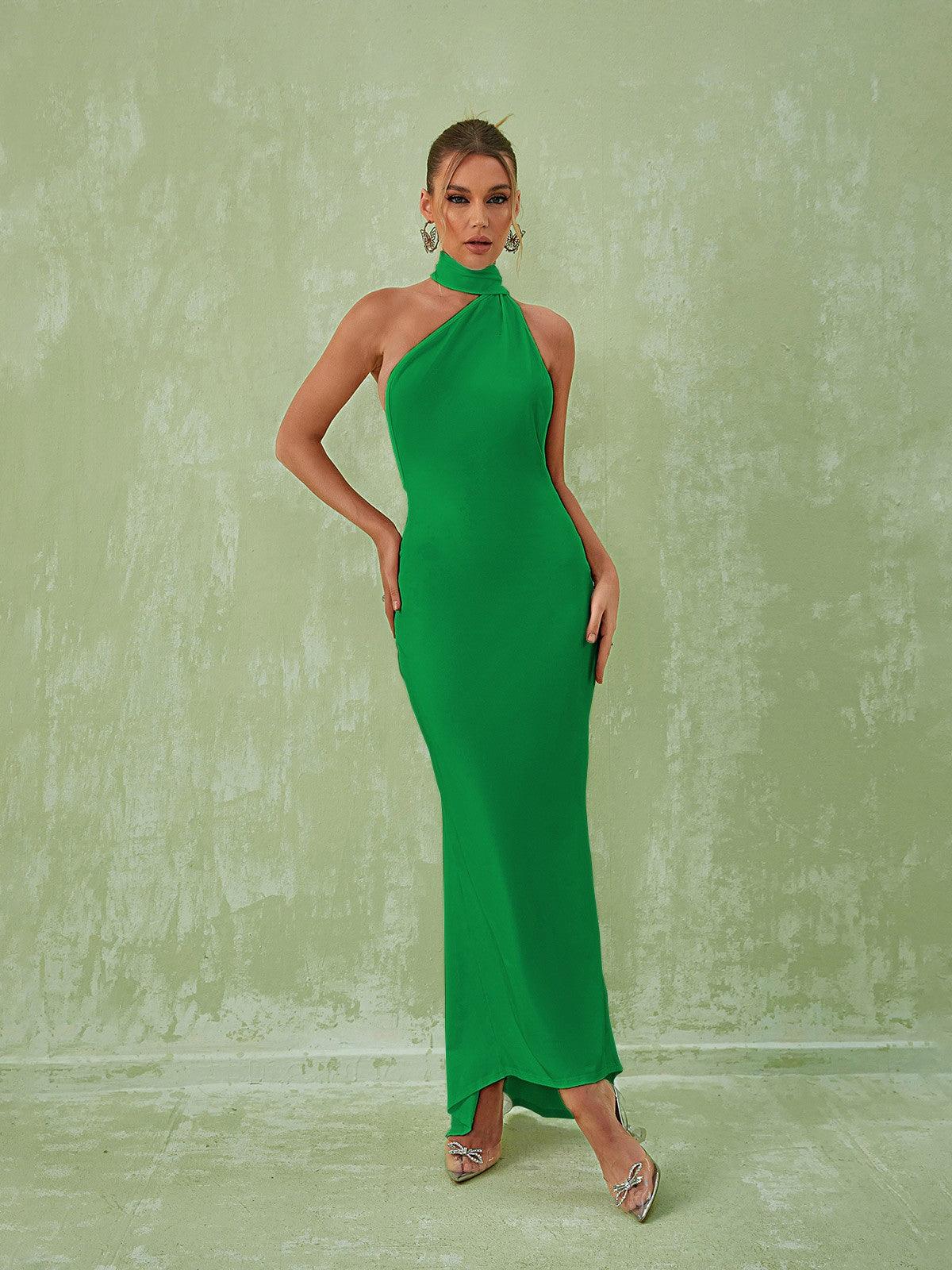Halter Neck Backless Tie Back Draped Bodycon Maxi Dress