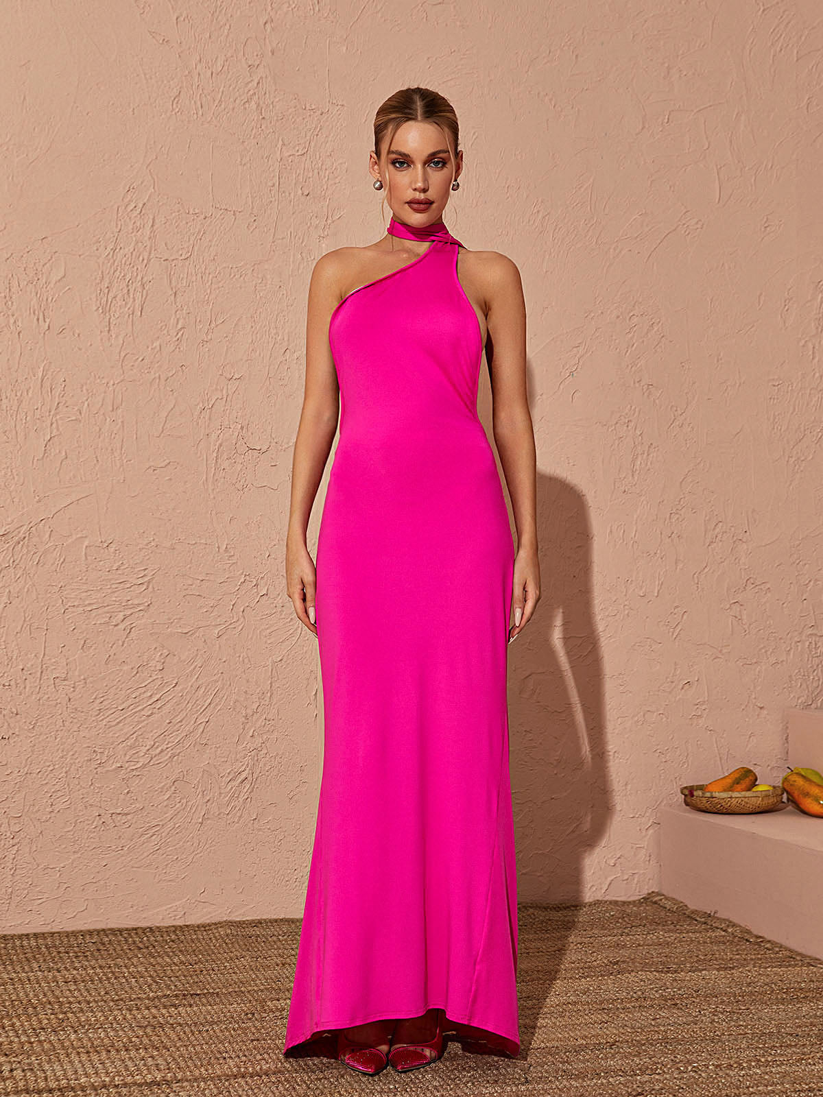 Halter Neck Tie Backless Ruched Bodycon Maxi Dress