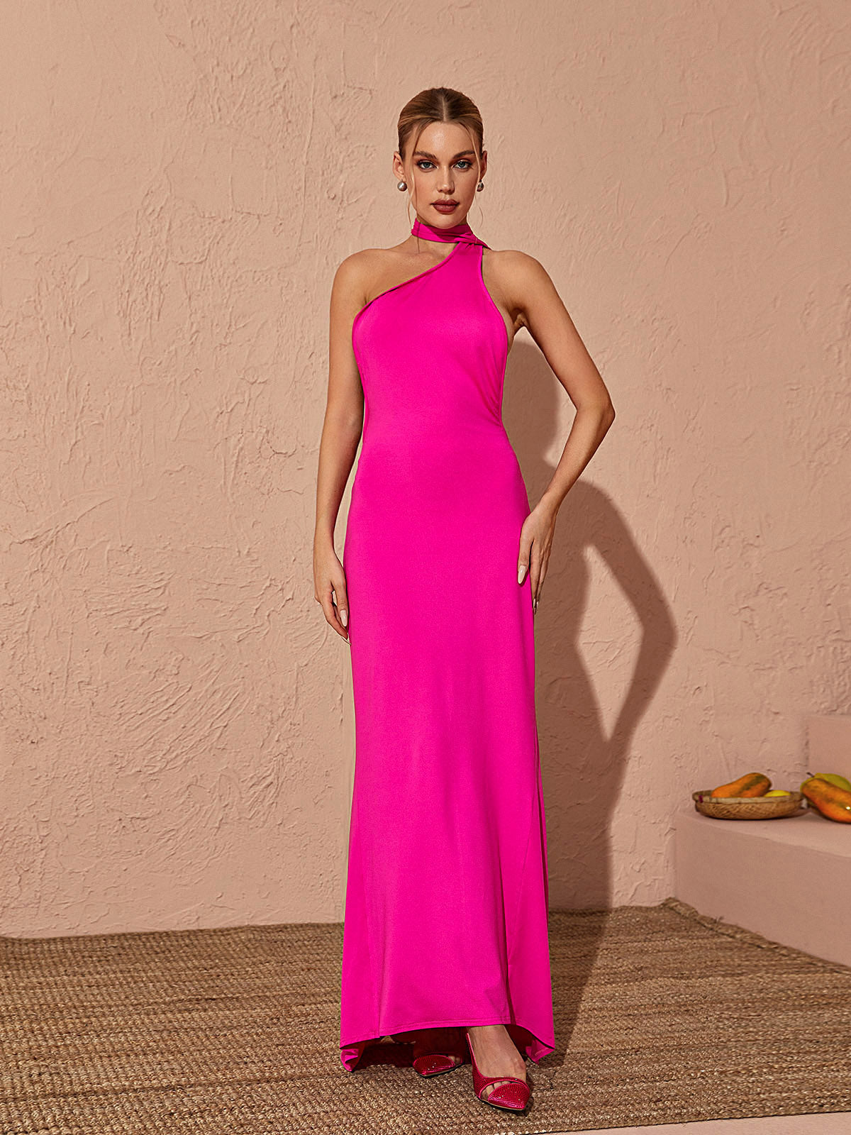 Halter Neck Tie Backless Ruched Bodycon Maxi Dress