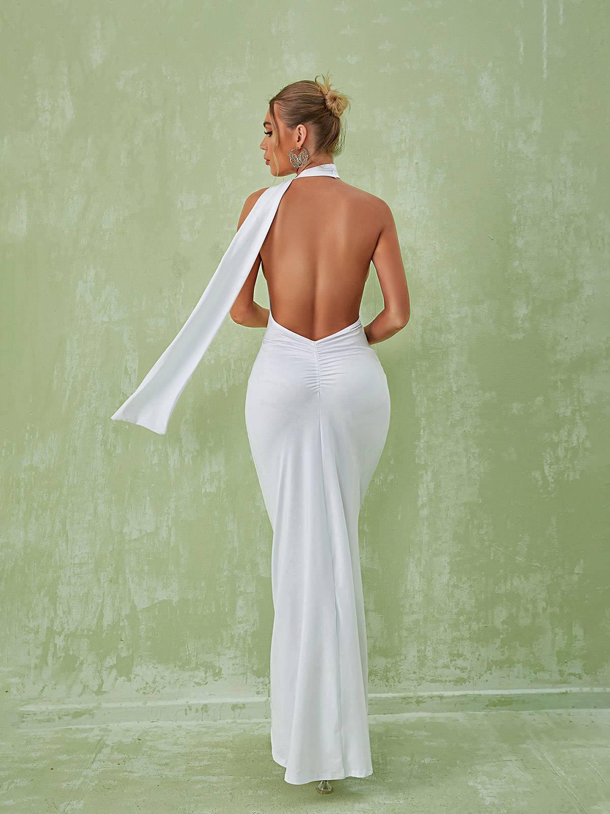 Halter Backless Draped Sash Mermaid Maxi Gown