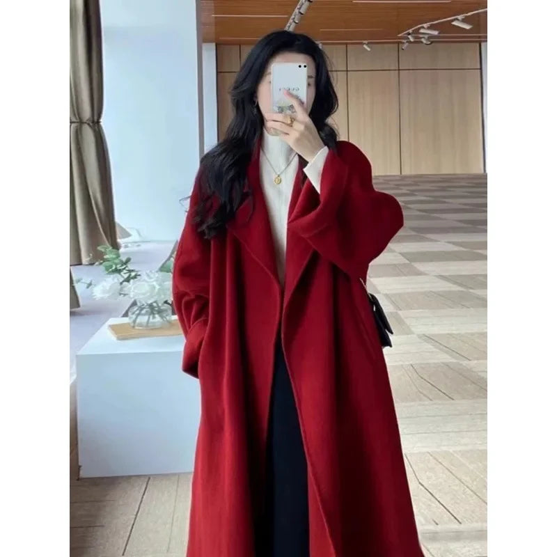 Trendy Red Loosefit Mediumlength Woolen Spring New Thickened Short Coat