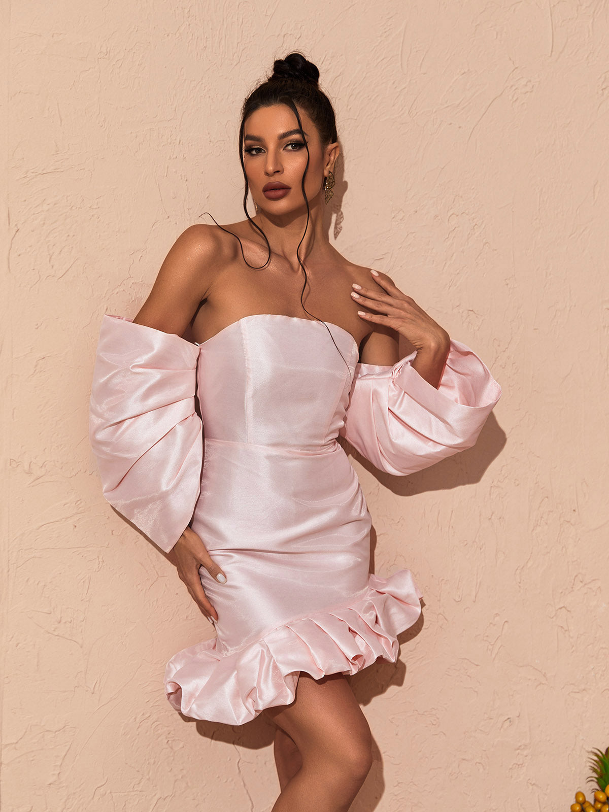 Off-Shoulder Puff Sleeve Satin Ruffle Hem Bodycon Mini Dress