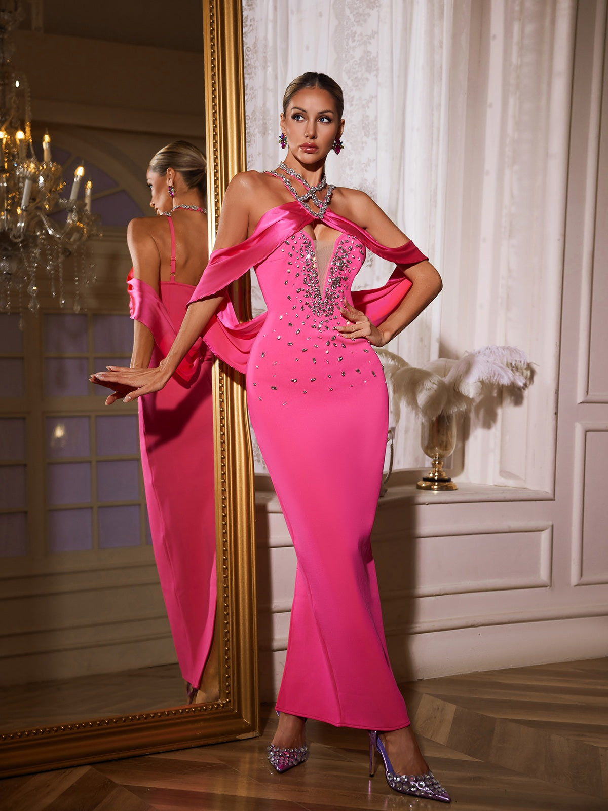 Halterneck Rhinestone Bandage Maxi Dress In Pink