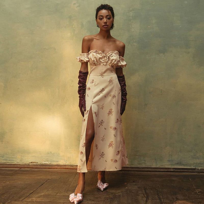 Off-Shoulder Puff Sleeve Floral Ruched Side Slit Midi Dress