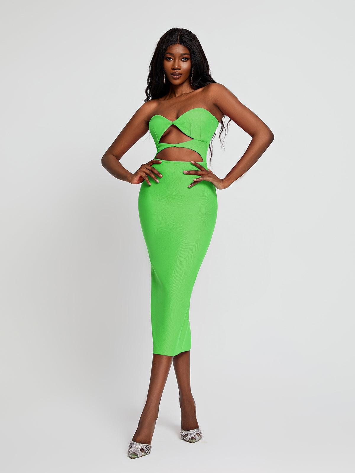 Strapless Sweetheart Cutout Waist Bandage Bodycon Midi Dress