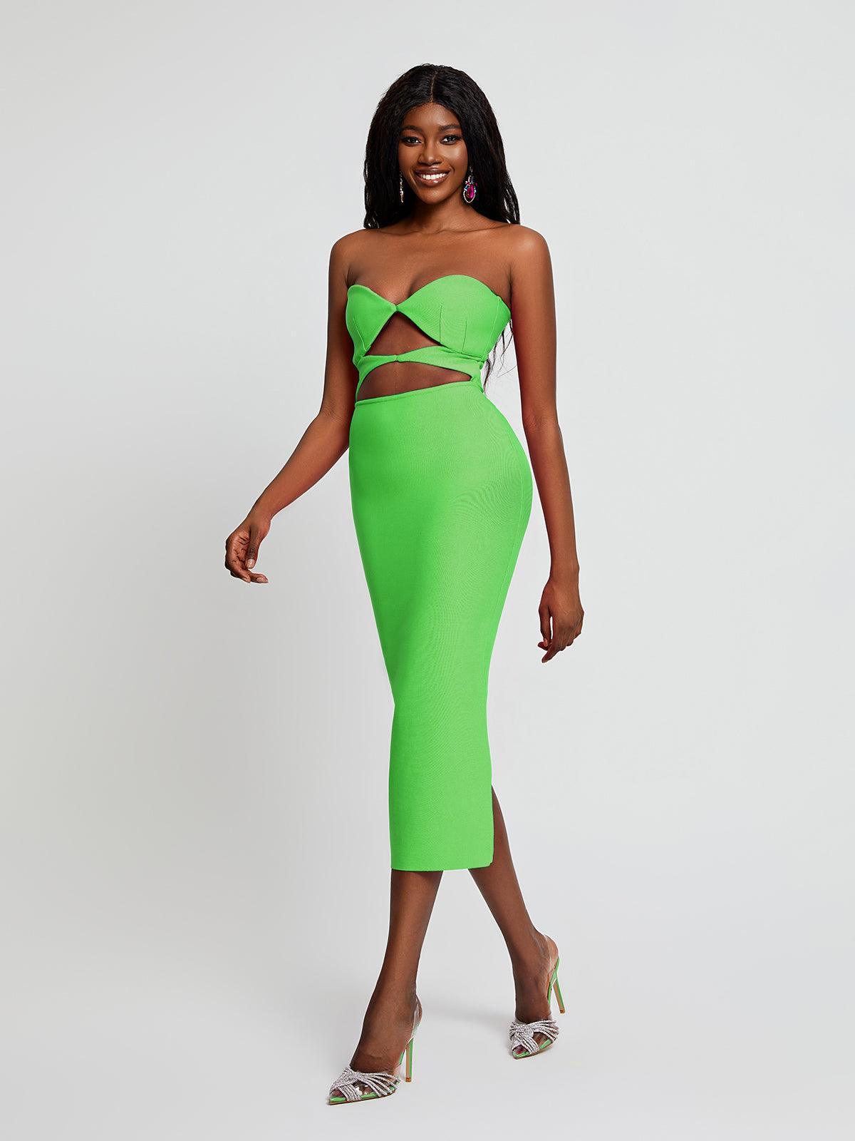 Strapless Sweetheart Cutout Waist Bandage Bodycon Midi Dress