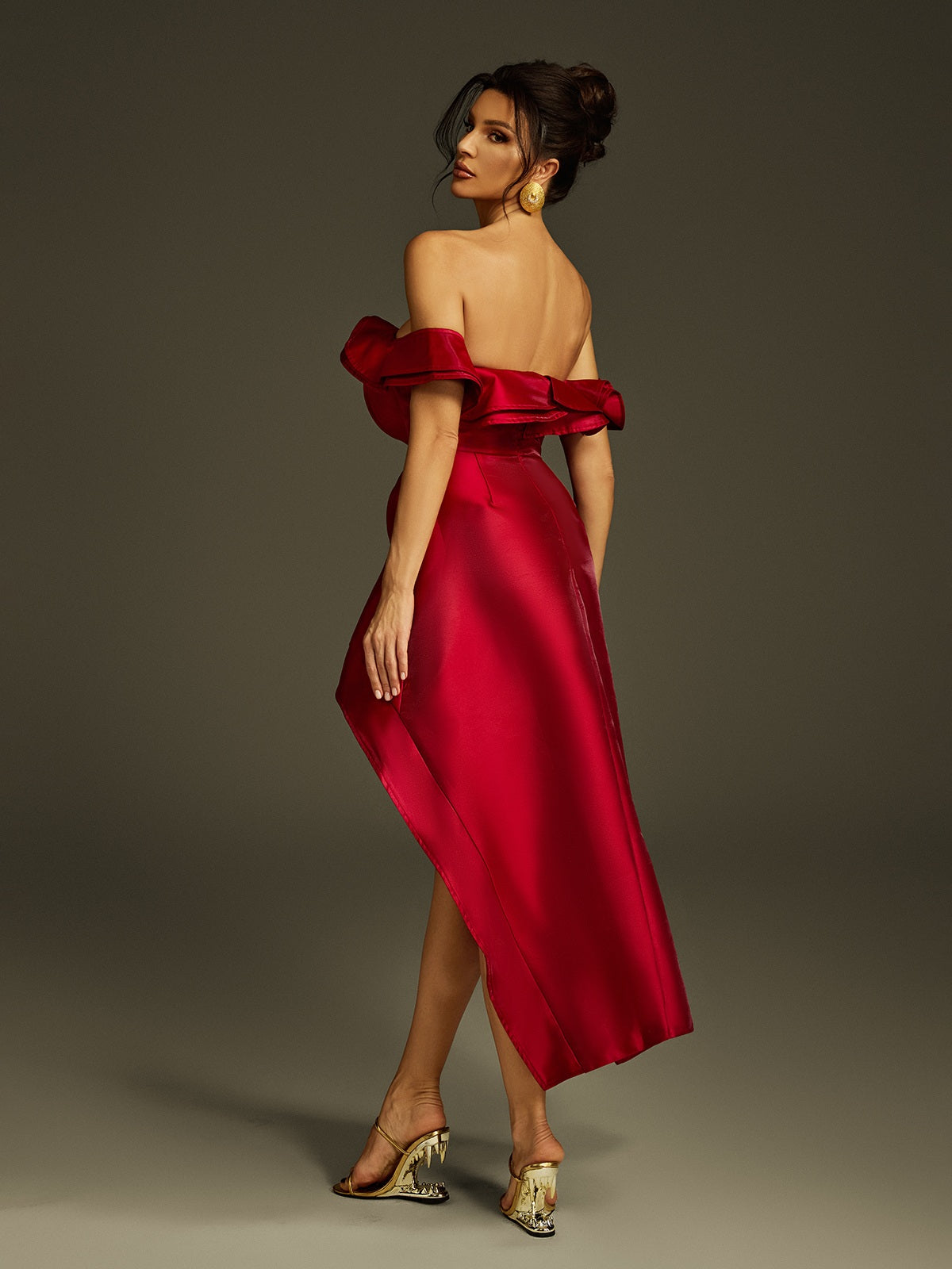 Off Shoulder Asymmetric Midi Dress