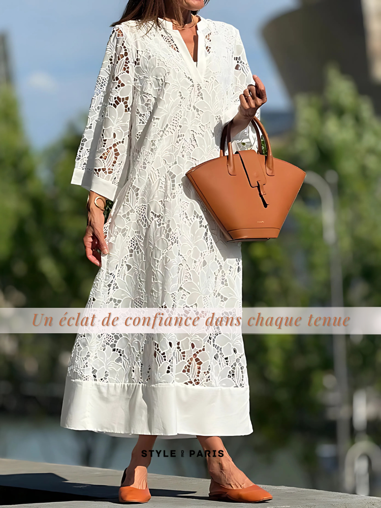 Notch V-Neck Floral Guipure Lace Three Quarter Sleeve Shift Maxi Dress 8