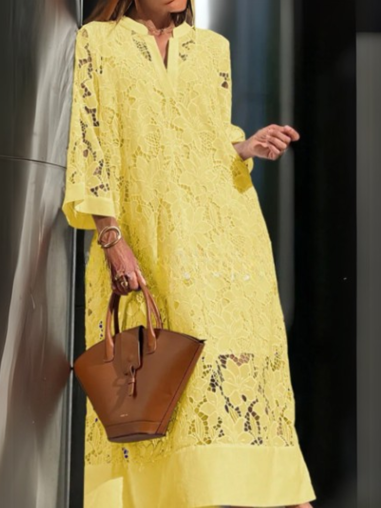 Notch V-Neck Floral Guipure Lace Three Quarter Sleeve Shift Maxi Dress 5
