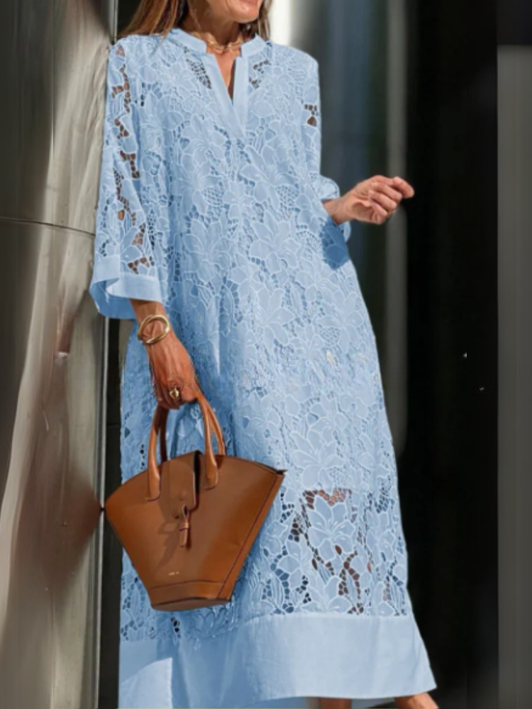 Notch V-Neck Floral Guipure Lace Three Quarter Sleeve Shift Maxi Dress 6