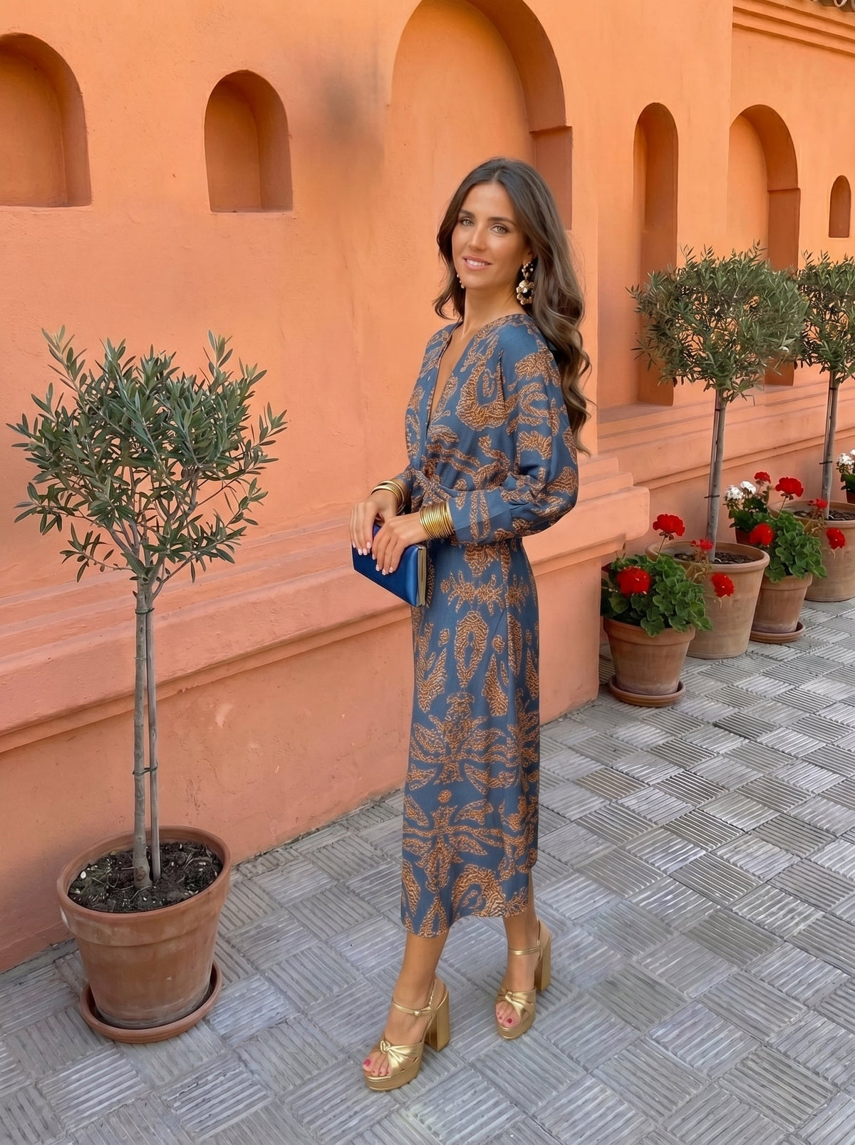 V-Neck Long Sleeve Twist Front Printed Sheath Midi Dress 2