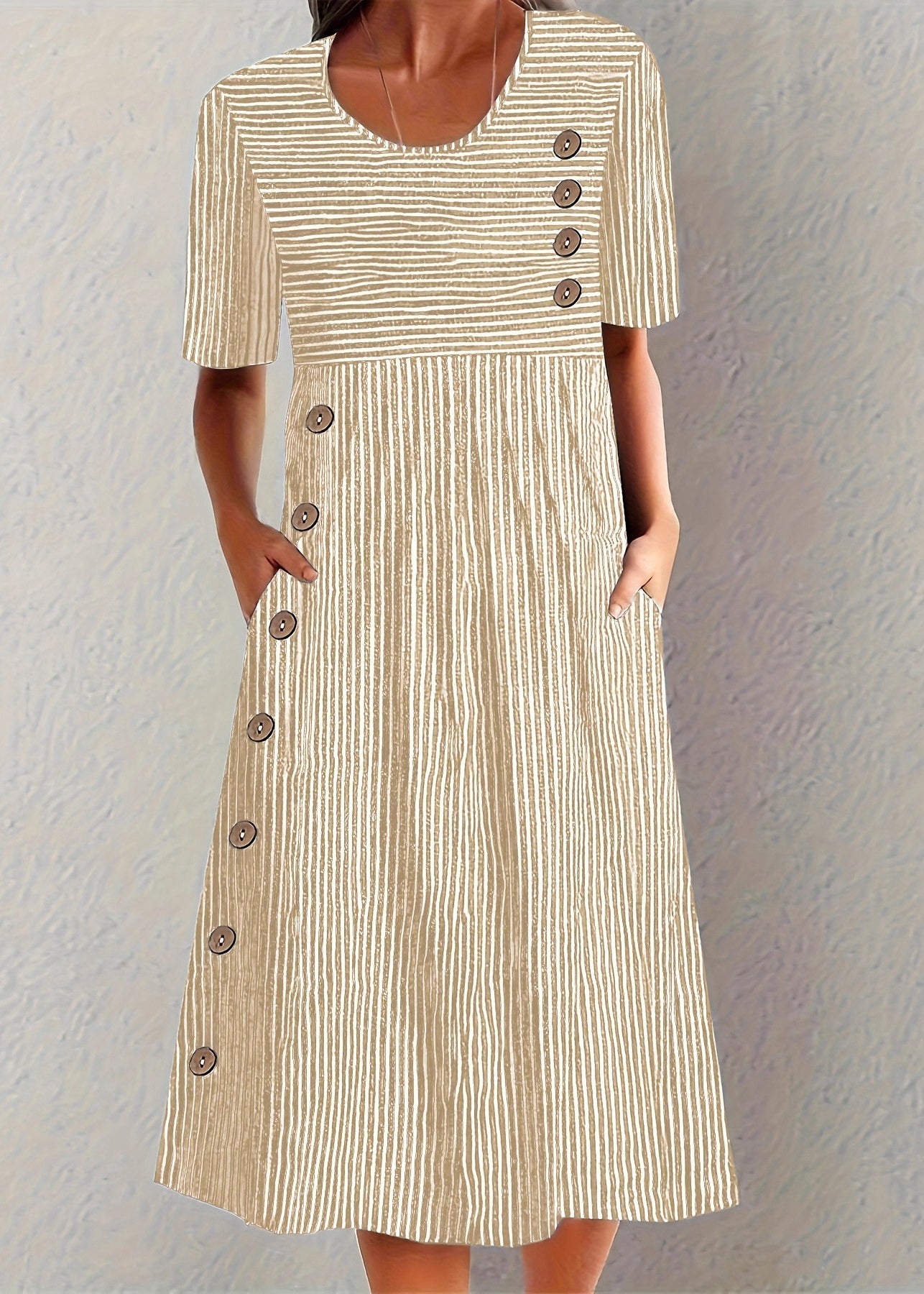 Unique Blue O Neck Striped Pockets Cotton Dress Summer