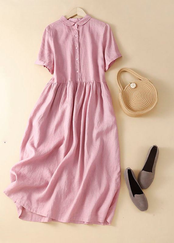 Unique Apricot flowers Peter Pan Collar Wrinkled Linen Holiday Dress Short Sleeve - Omychic