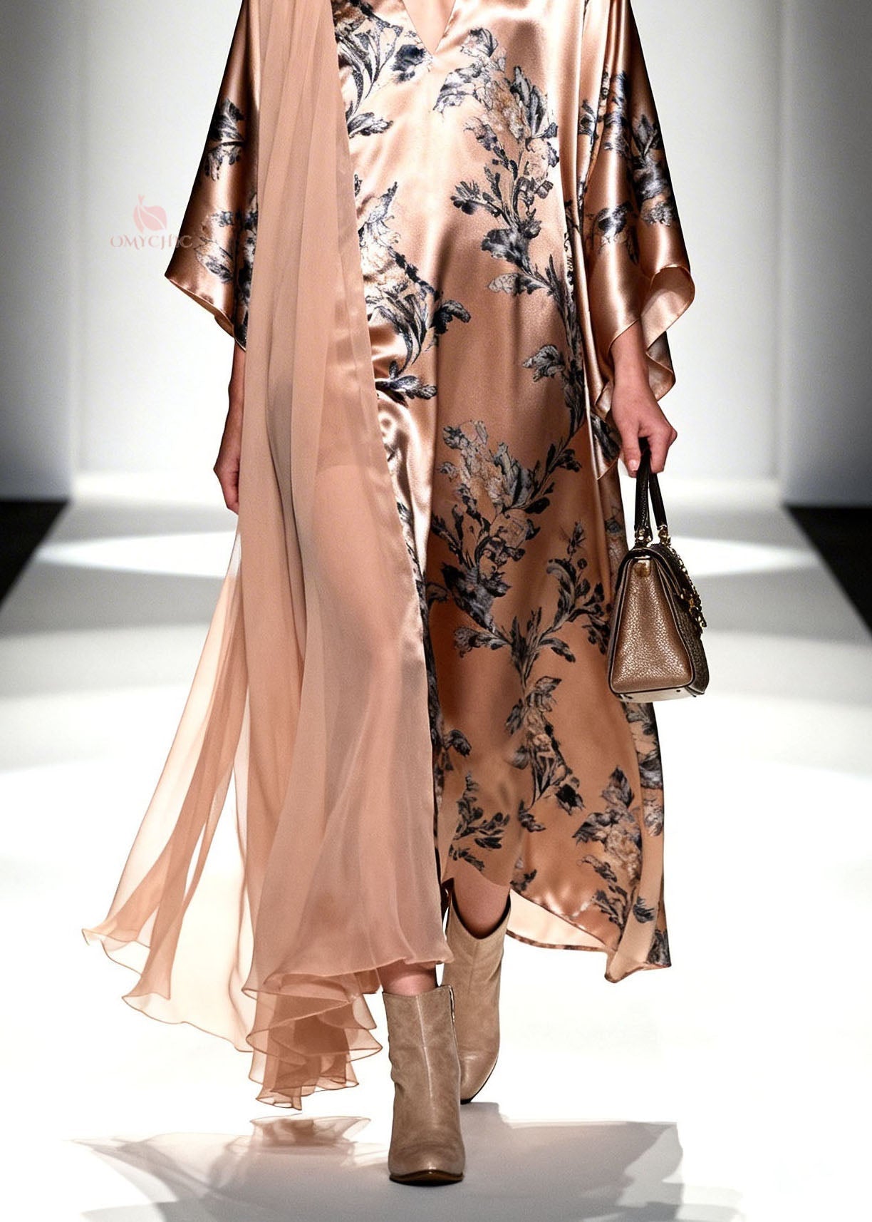 Unique V Neck Print Patchwork Silk Maxi Dresses Spring