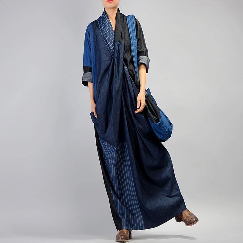 Unique V-Neck Linen Patchwork Robes Neckline Denim Blue Dress