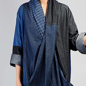 Unique V-Neck Linen Patchwork Robes Neckline Denim Blue Dress