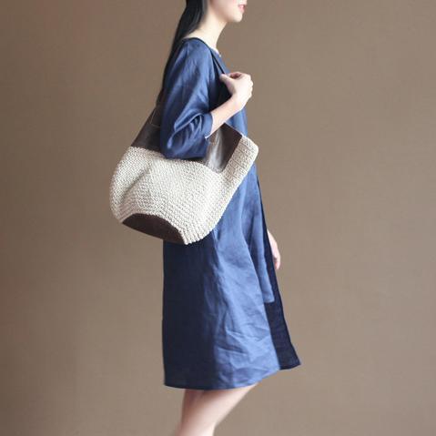 Unique Blue half sleeve linen sundress casual shift dresses