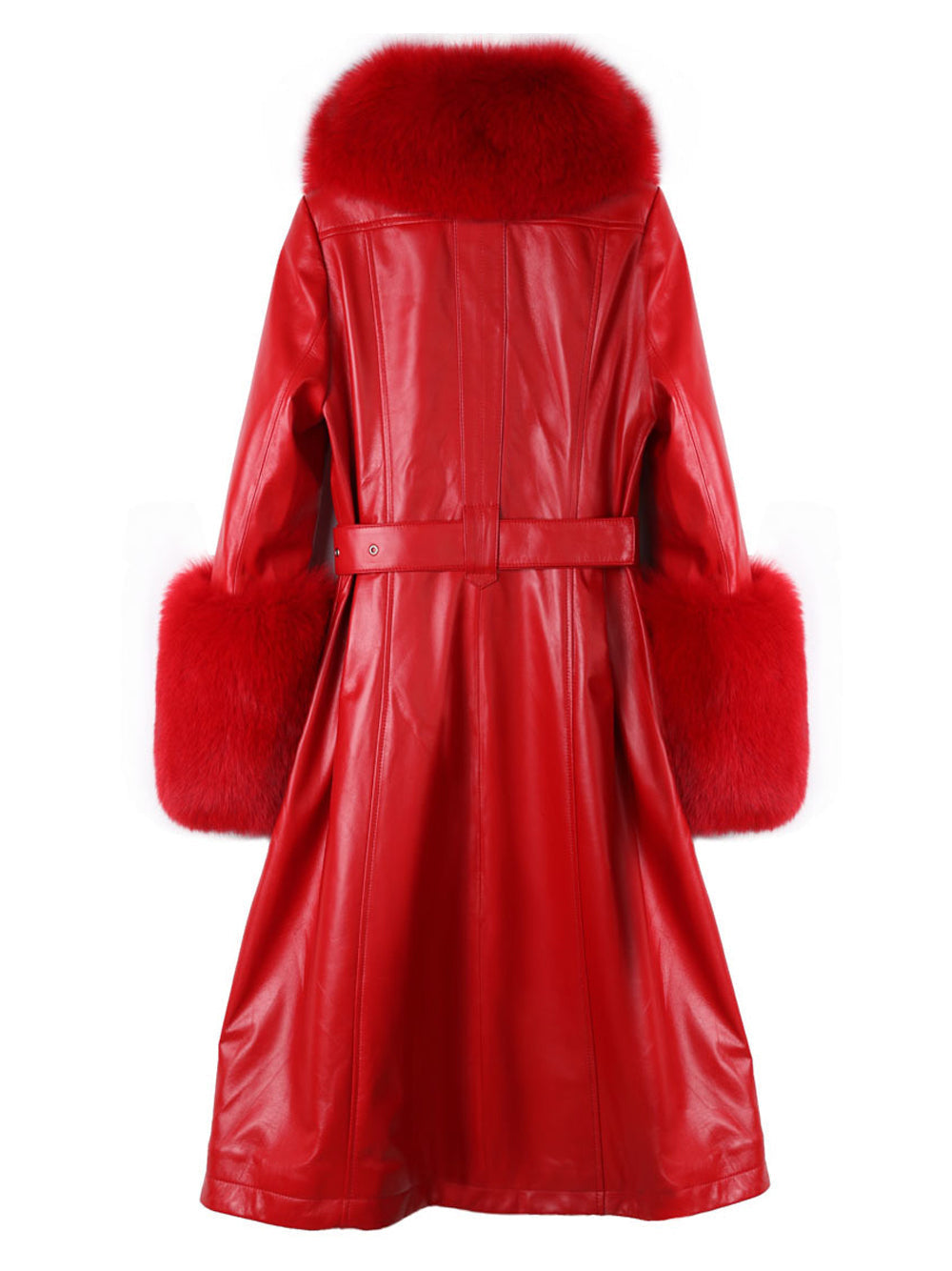 Red Faux Fur Collar Belted Leather Longline Coat 8