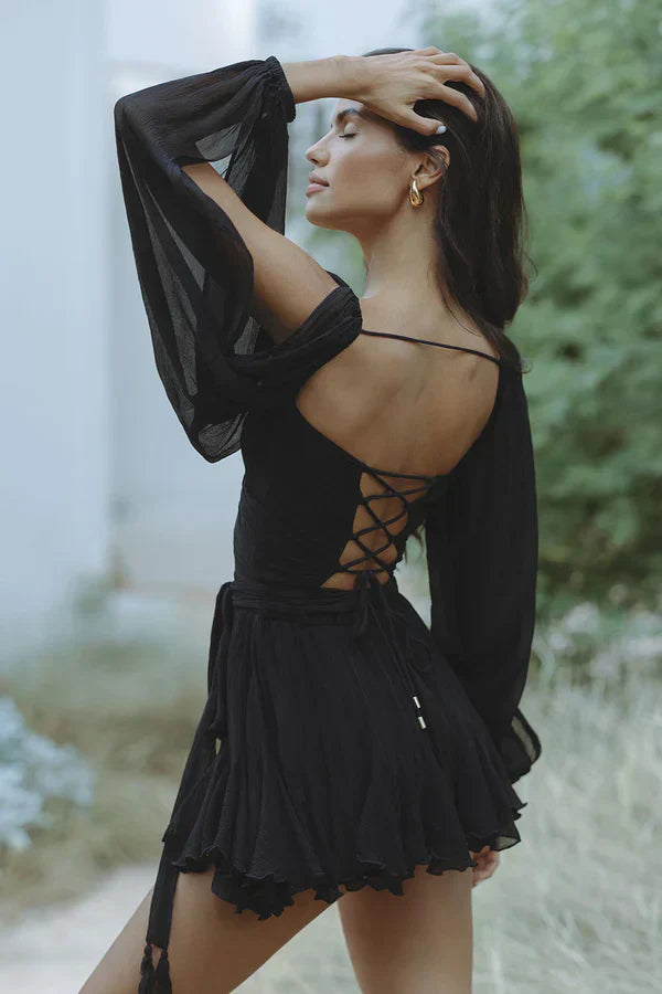 Madison Statement Dress with Flowing Sleeves and V Neck Evening Wear Edit