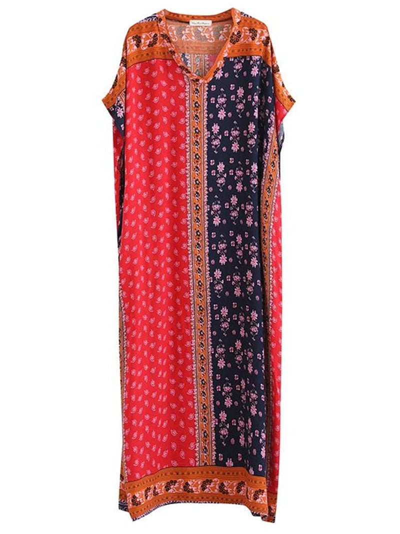 Red V-Neck Short Sleeve Bohemian Floral Patchwork Loose Kaftan Maxi Dress 4