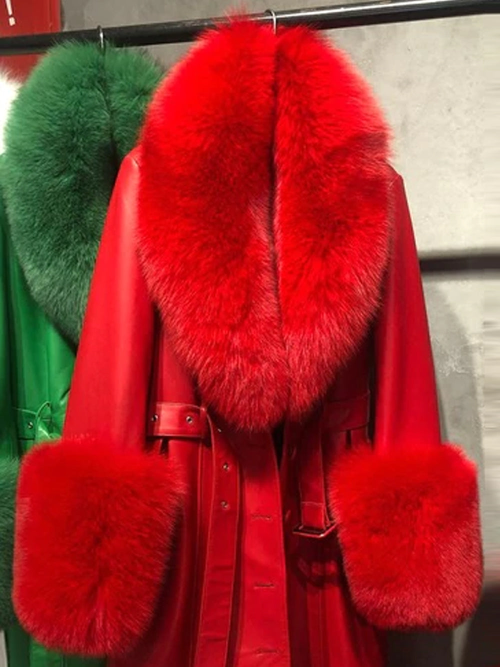 Red Faux Fur Collar Belted Leather Longline Coat 9