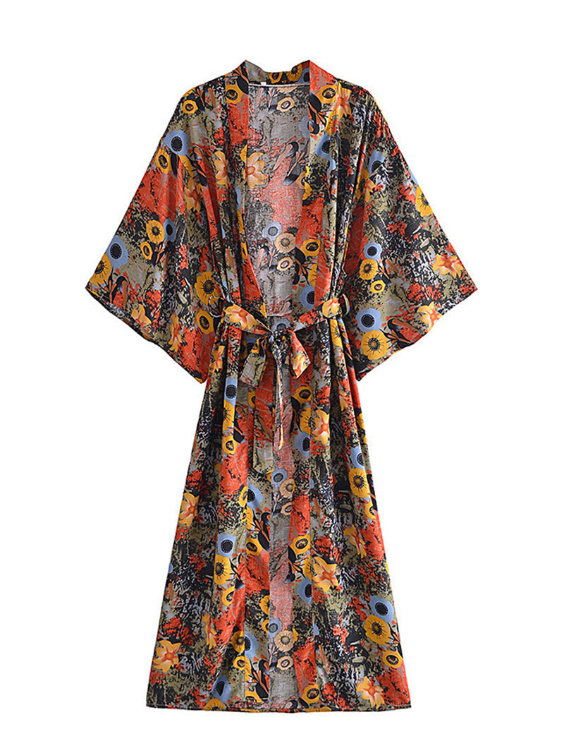 Floral Sunflower Print Tie Waist Batwing Sleeve Long Kimono