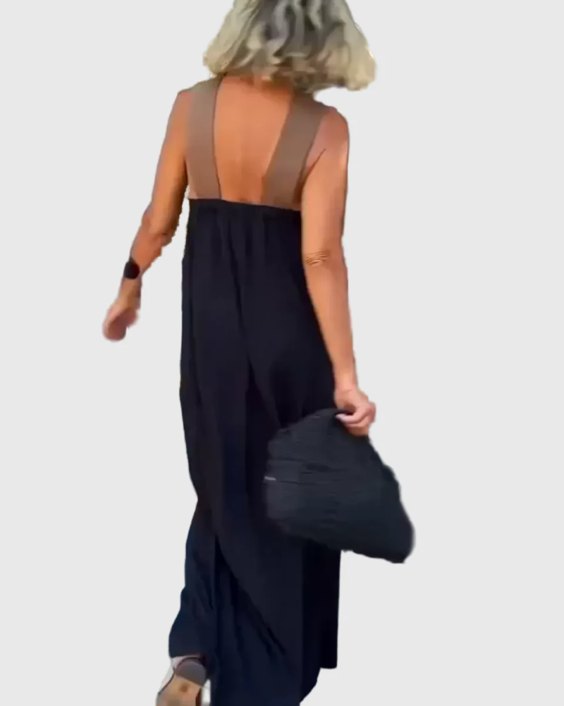 Cross Front Halter Contrast Panel Sleeveless Flowing Maxi Dress