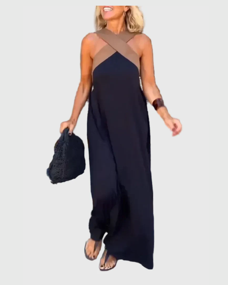 Cross Front Halter Neck Sleeveless Contrast Panel Maxi Dress