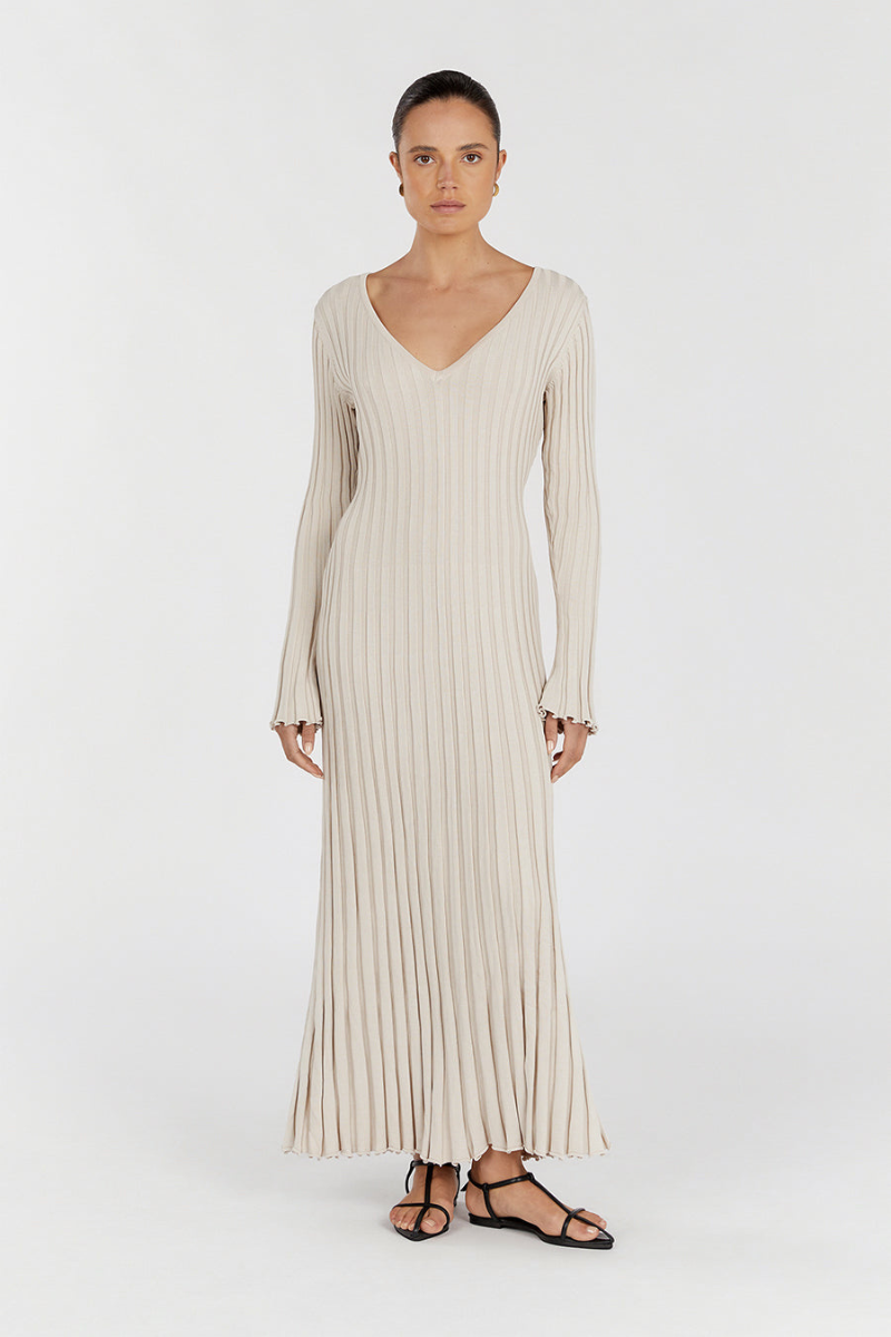 Verónica Minimalist Midi Dress with V Neck and Knitted Sleeves Elevated Occasion Wear