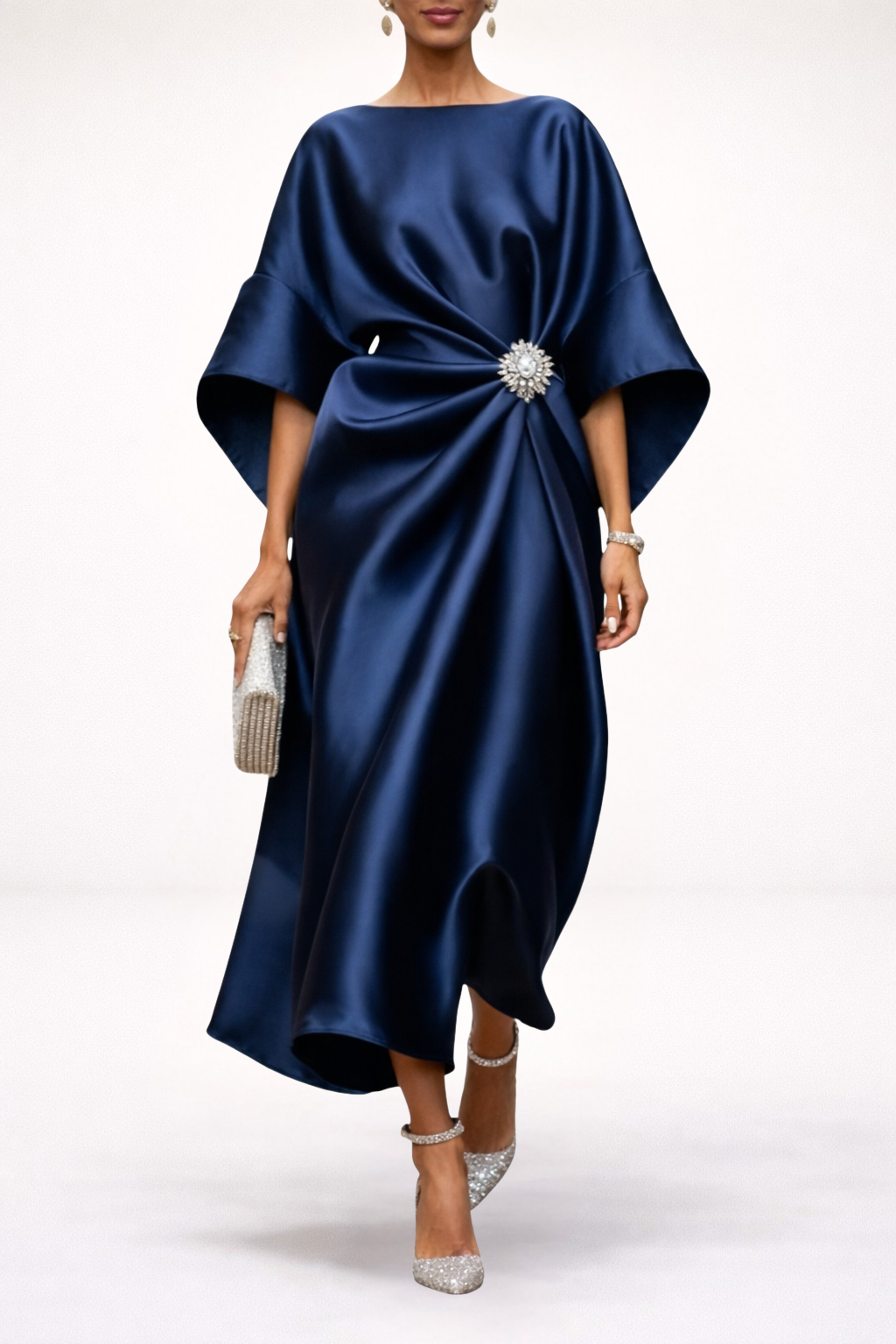 Boat Neck Satin Brooch Twist Front Batwing Sleeve Draped Maxi Dress