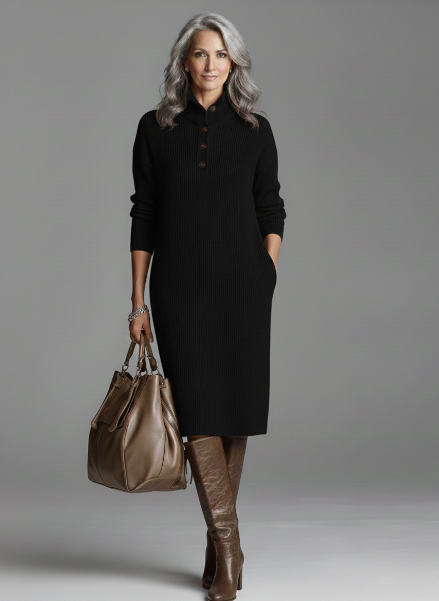 High Neck Button Placket Ribbed Knit Sweater Midi Dress 2