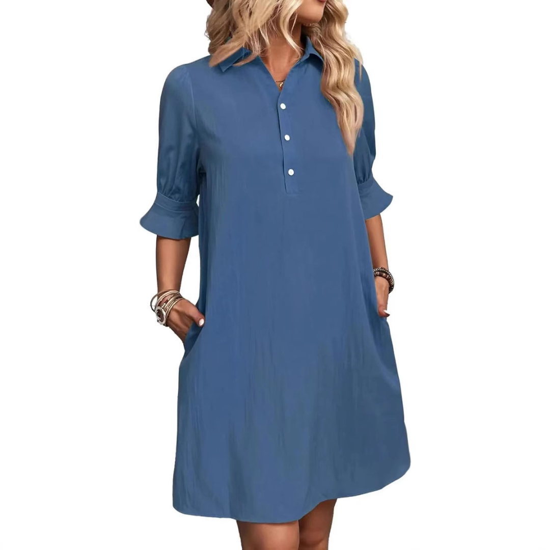 Collared Button Placket Ruffle Sleeve Loose Shift Mini Dress