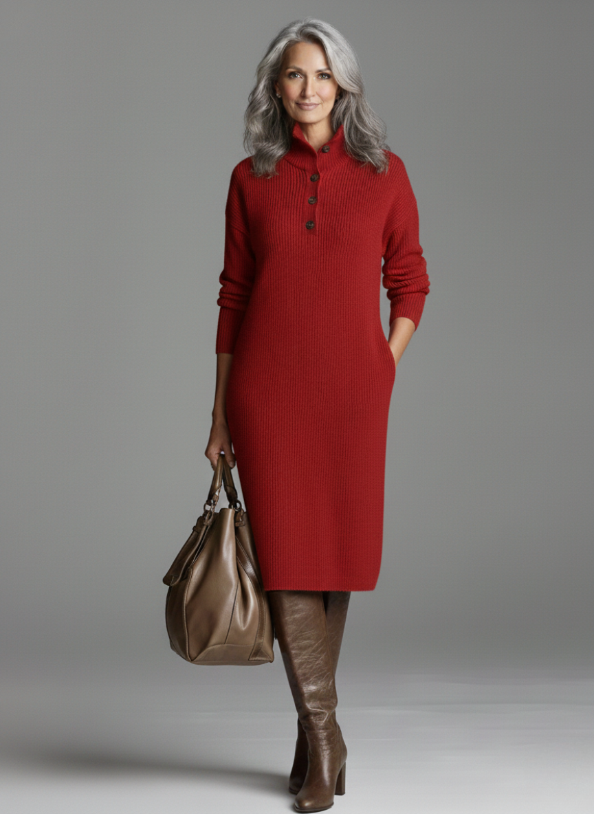 High Neck Button Placket Ribbed Knit Sweater Midi Dress 4