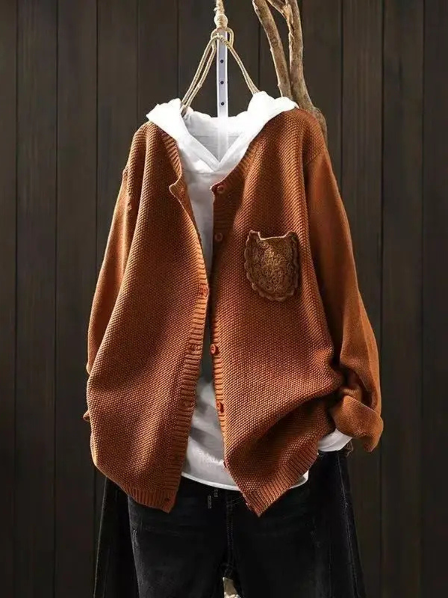 V-Neck Knit Button Front Patch Pocket Long Sleeve Cardigan 4