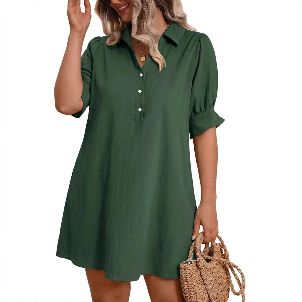Collared Button Placket Ruffle Sleeve Swing Mini Shirt Dress