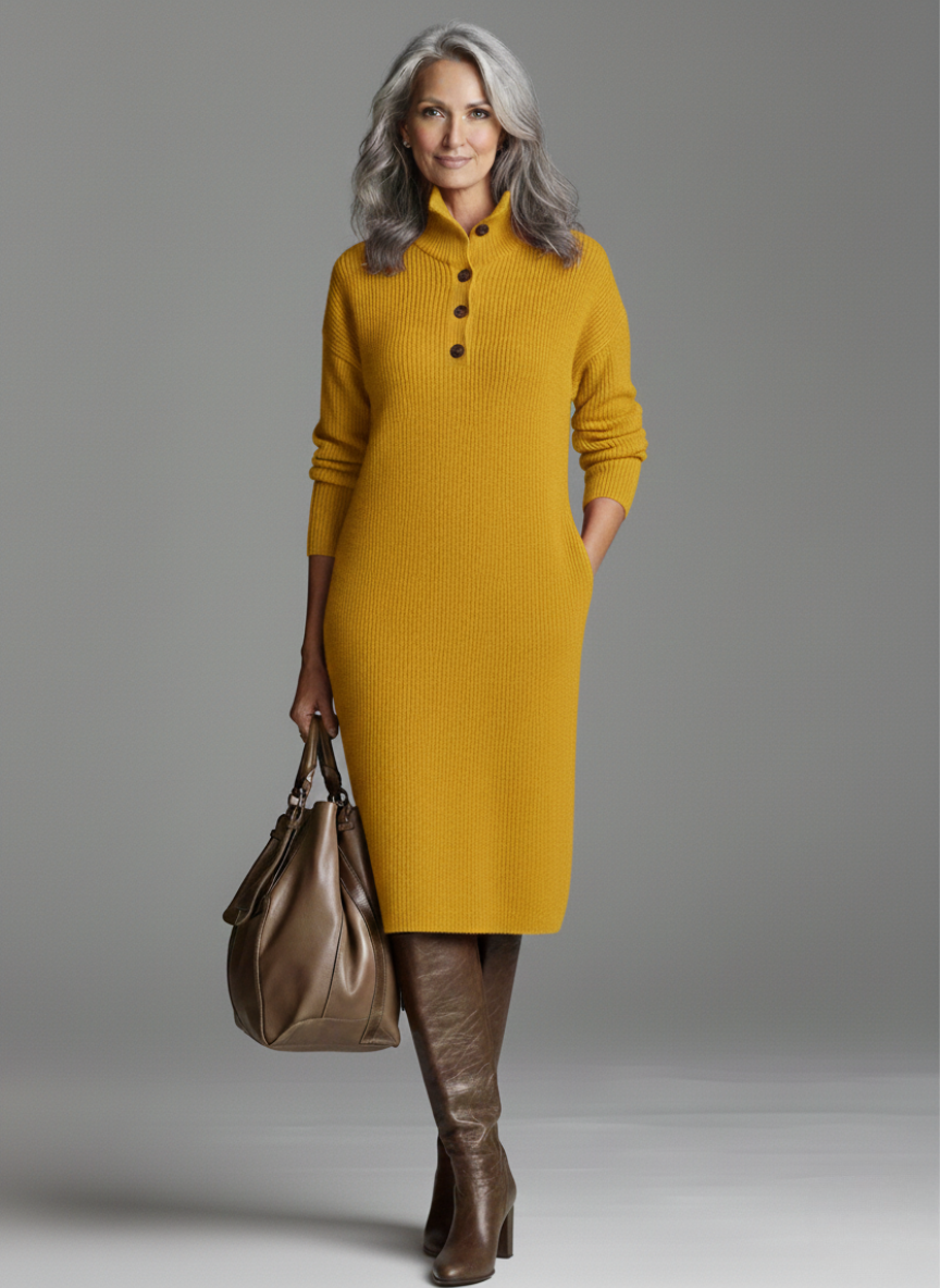 High Neck Button Placket Ribbed Knit Sweater Midi Dress 3