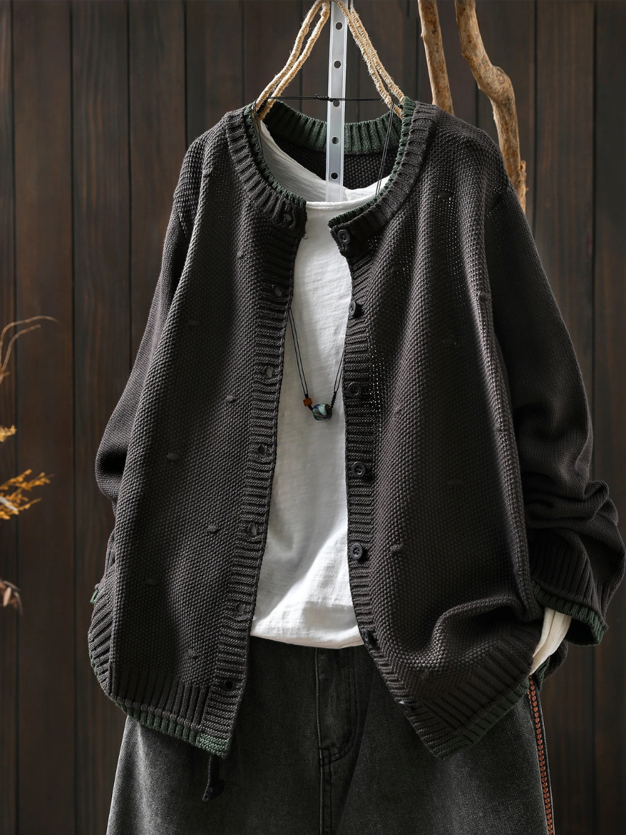 Textured Knit Button-Front Round Neck Long Sleeve Cardigan 9