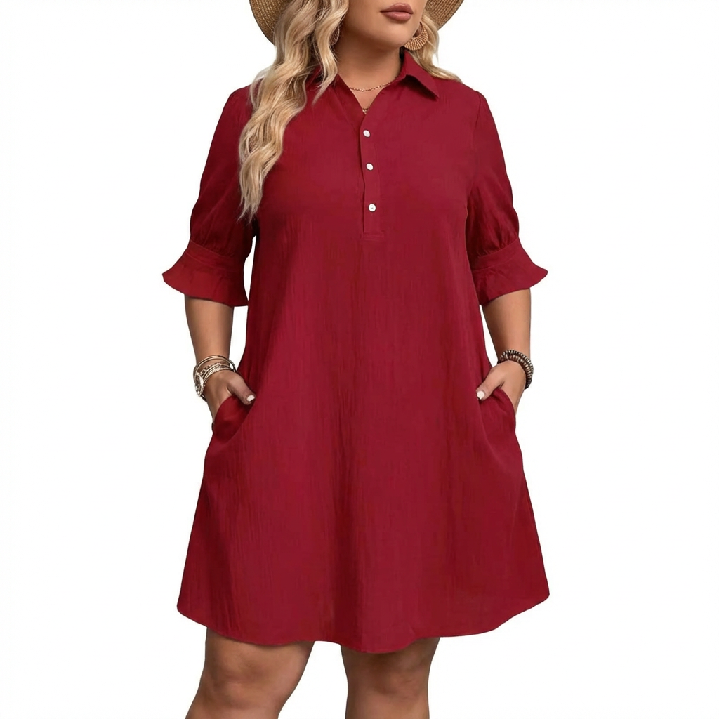 Collared Button Placket Ruffle Sleeve Swing Mini Shirt Dress
