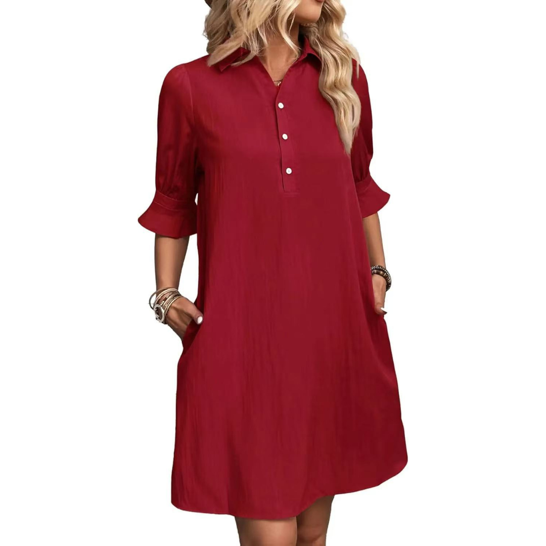 Collared Button Placket Ruffle Sleeve Loose Shift Mini Dress