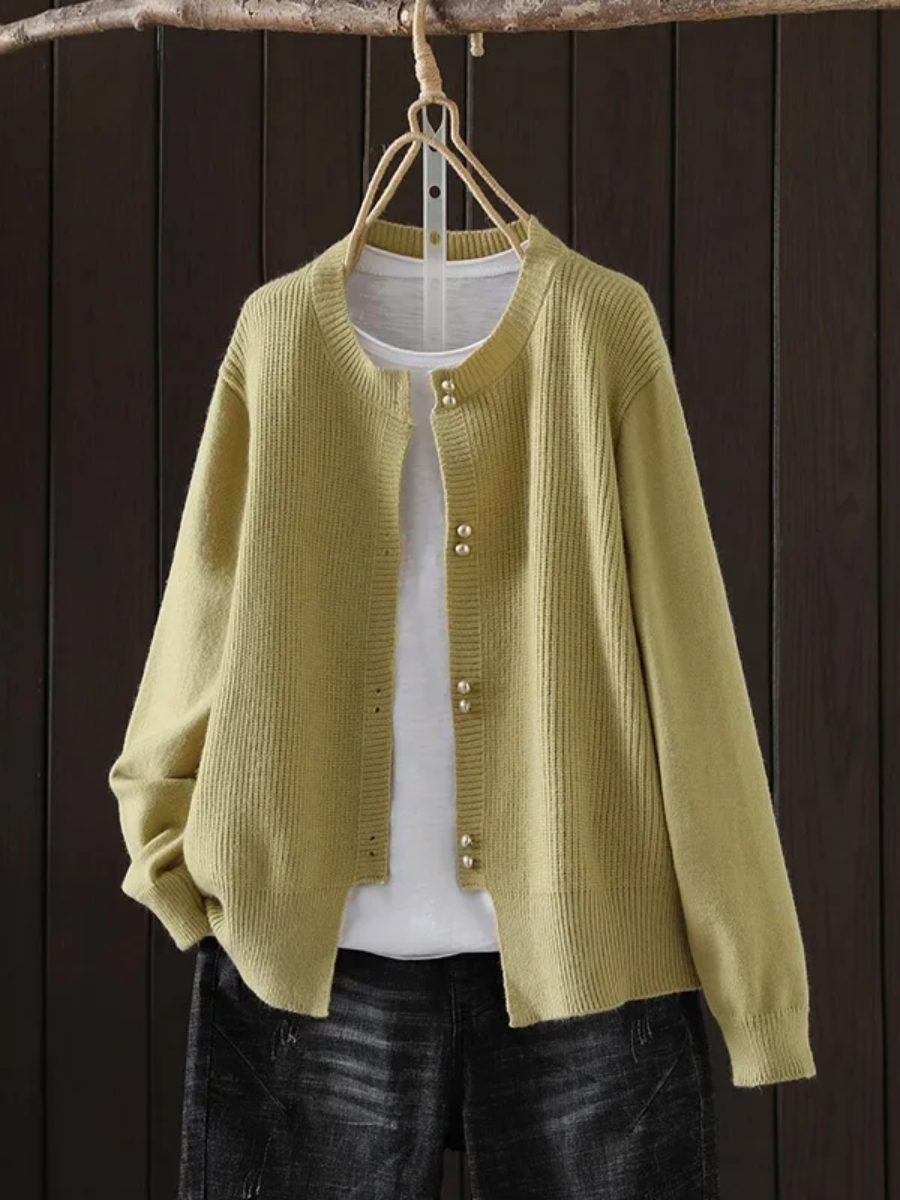 Round Neck Ribbed Knit Pearl Button Long Sleeve Cardigan